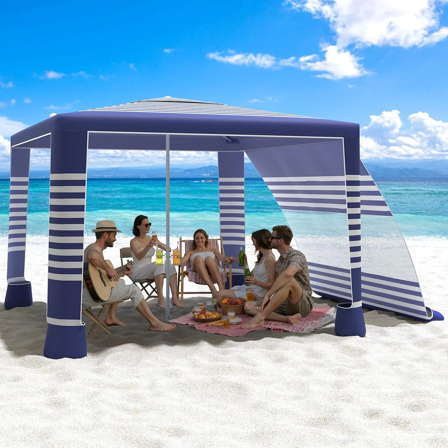 MoKo Beach Cabana, 8'×8' Large Beach Canopy with Side Wall, UPF 50  Protection Easy Setup Beach Tent Sun Shelter, Adjustable Height Wind Resistant Cabana Beach Tent for Whole Family, Navy Stripes