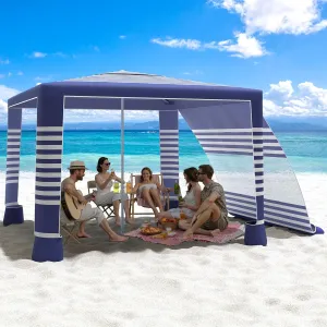 MoKo Beach Cabana, 8'×8' Large Beach Canopy with Side Wall, UPF 50  Protection Easy Setup Beach Tent Sun Shelter, Adjustable Height Wind Resistant Cabana Beach Tent for Whole Family, Navy Stripes