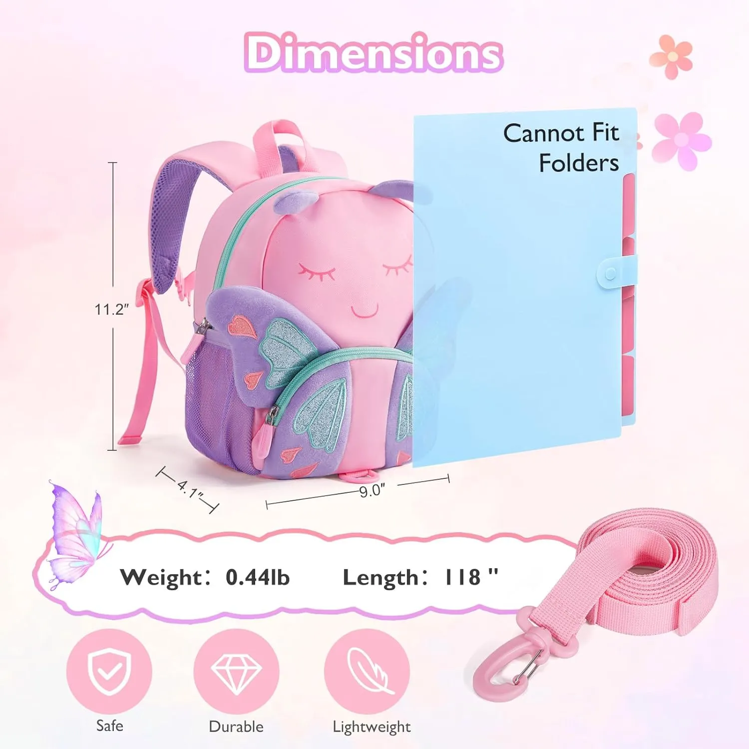 mommore Toddler Backpack for Girls 2-4, 3D Cartoon Mini Kids Travel Bag, Small Baby Backpack with Toddler Leash, Chest Buckle, Water-Resistant Pre-K Schoolbag, Butterfly