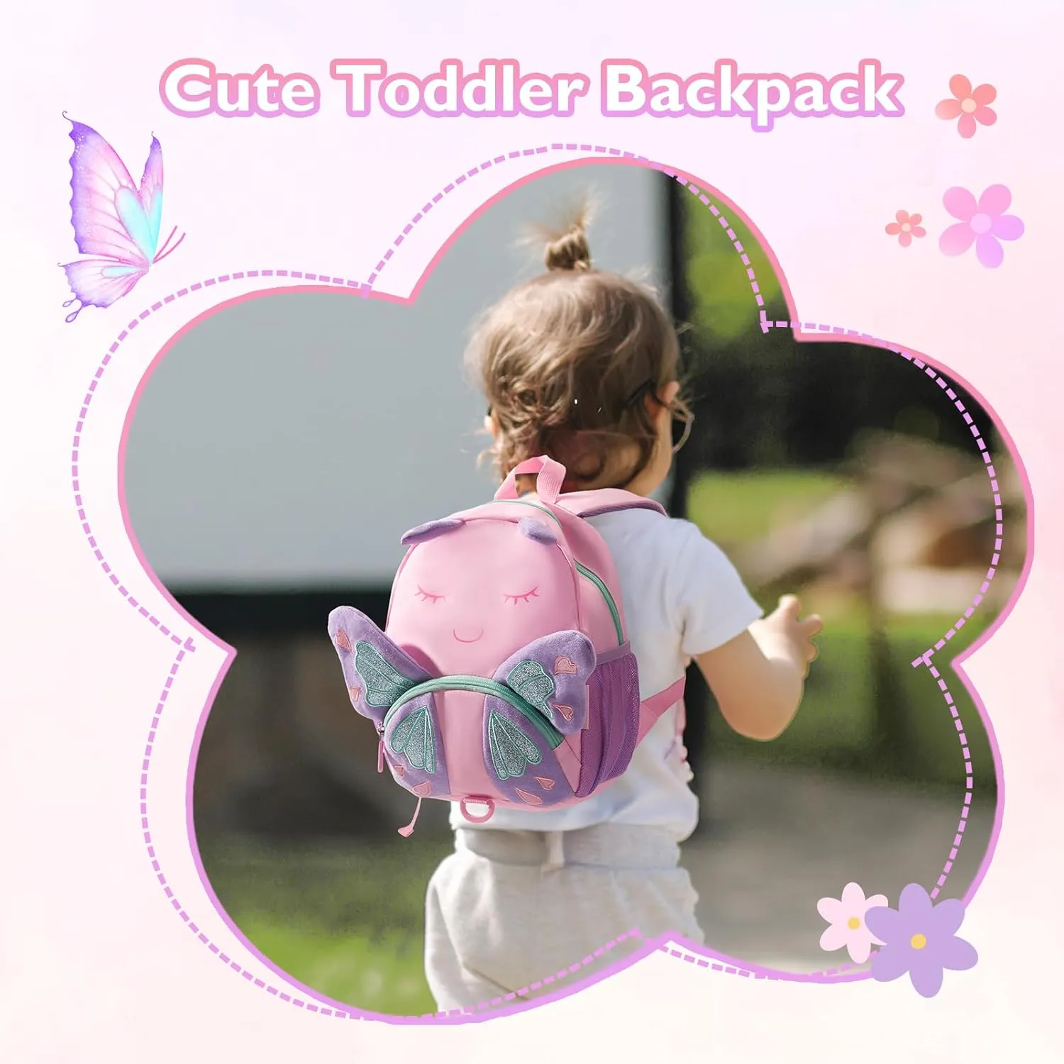 mommore Toddler Backpack for Girls 2-4, 3D Cartoon Mini Kids Travel Bag, Small Baby Backpack with Toddler Leash, Chest Buckle, Water-Resistant Pre-K Schoolbag, Butterfly