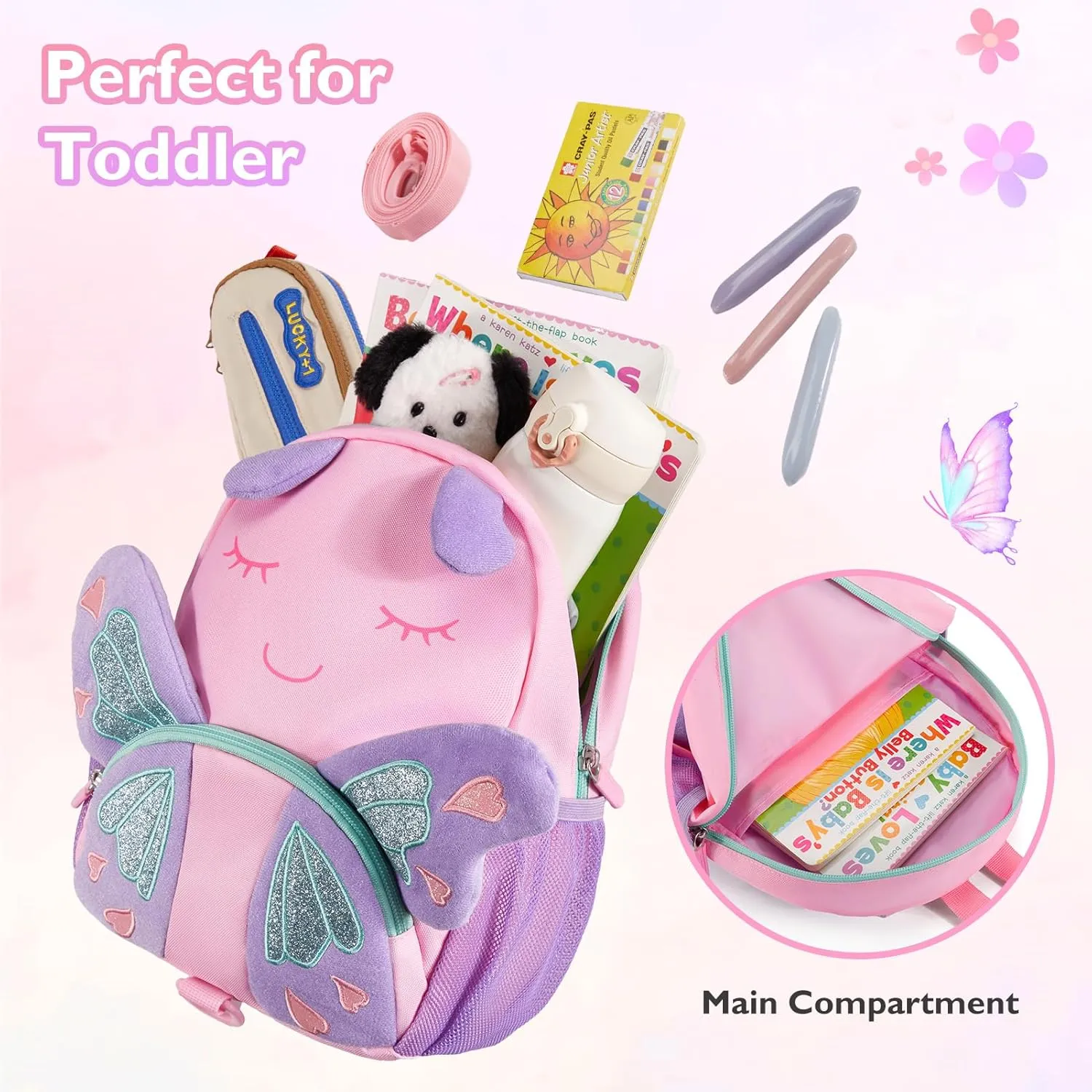 mommore Toddler Backpack for Girls 2-4, 3D Cartoon Mini Kids Travel Bag, Small Baby Backpack with Toddler Leash, Chest Buckle, Water-Resistant Pre-K Schoolbag, Butterfly