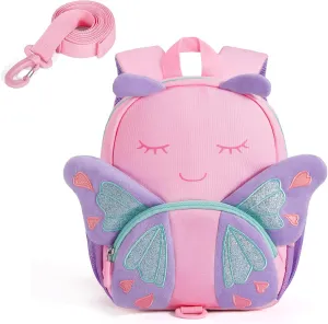 mommore Toddler Backpack for Girls 2-4, 3D Cartoon Mini Kids Travel Bag, Small Baby Backpack with Toddler Leash, Chest Buckle, Water-Resistant Pre-K Schoolbag, Butterfly