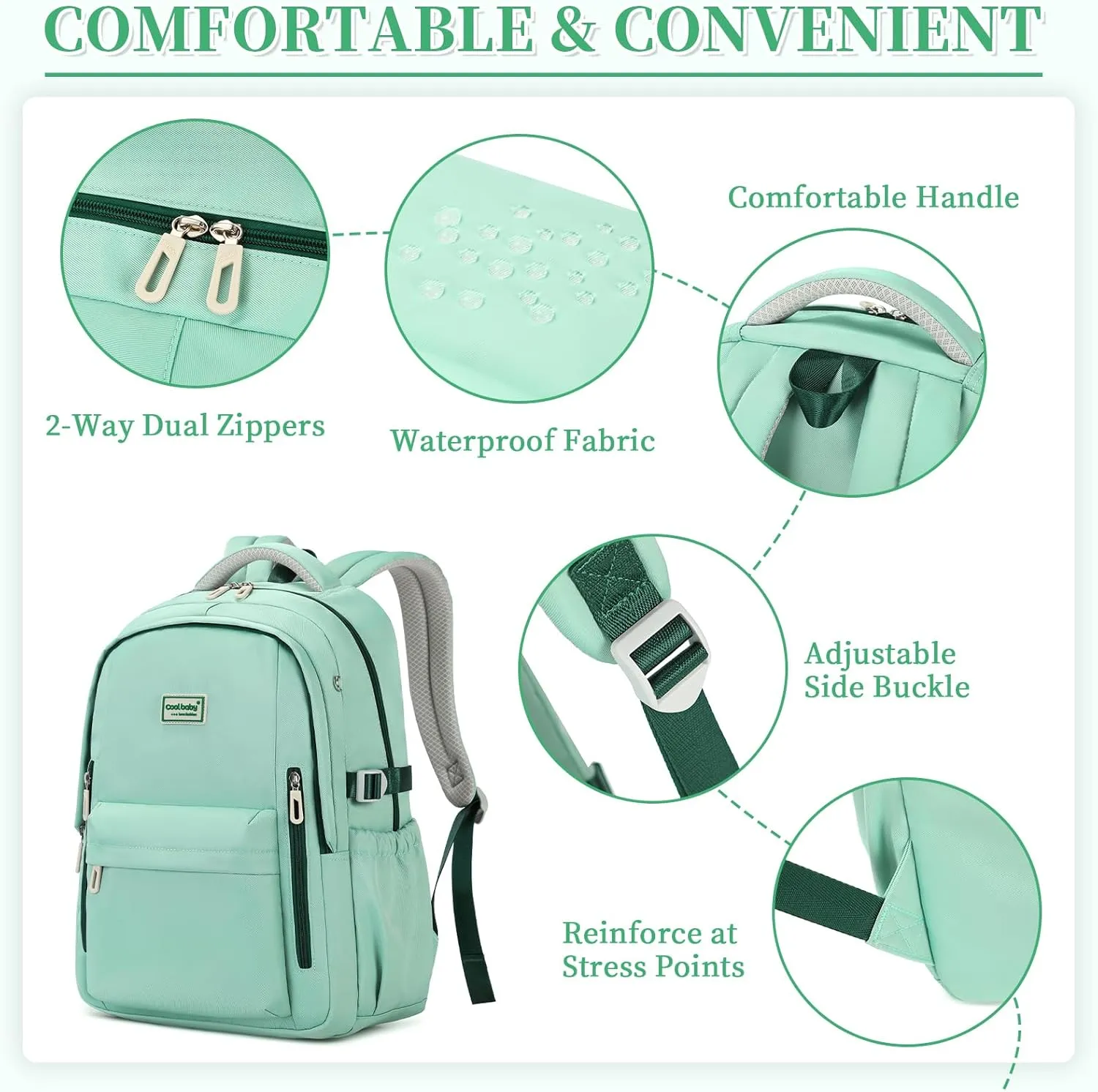 MOONBABY Backpack for School, Classic College Backpack Multiple-pocket Bookbag for Teen Boys Girls Travel Backpacks with Luggage Strap for Women Men, Green