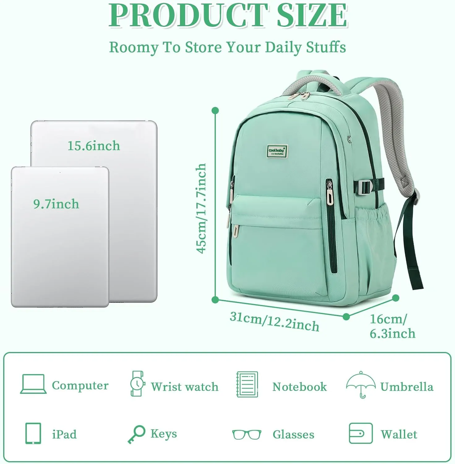 MOONBABY Backpack for School, Classic College Backpack Multiple-pocket Bookbag for Teen Boys Girls Travel Backpacks with Luggage Strap for Women Men, Green