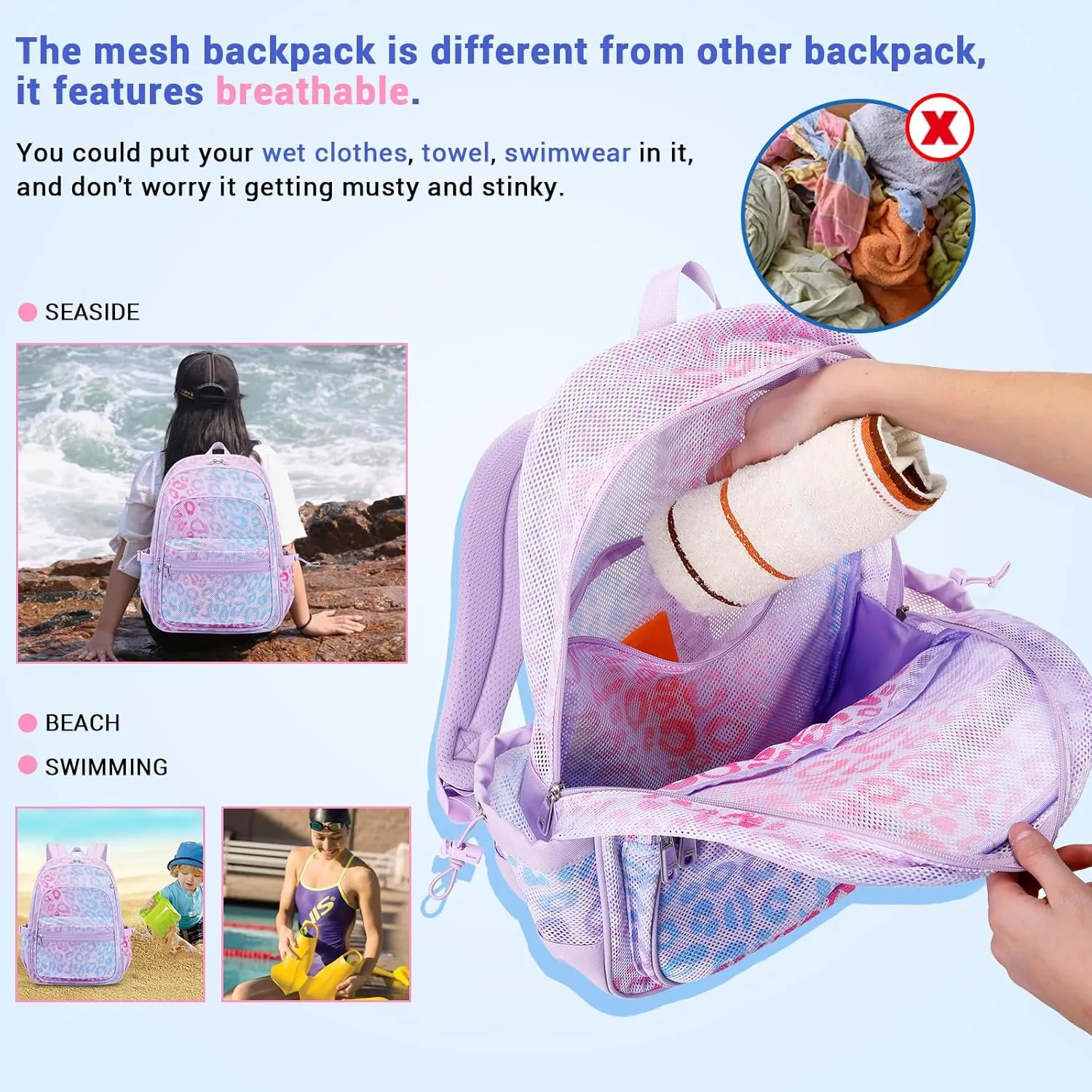 MOONBABY Mesh Backpack Heavy Duty, See Through School Backpack Transparent Bookbag for Swimming, Beach, Sports, Work, Travel