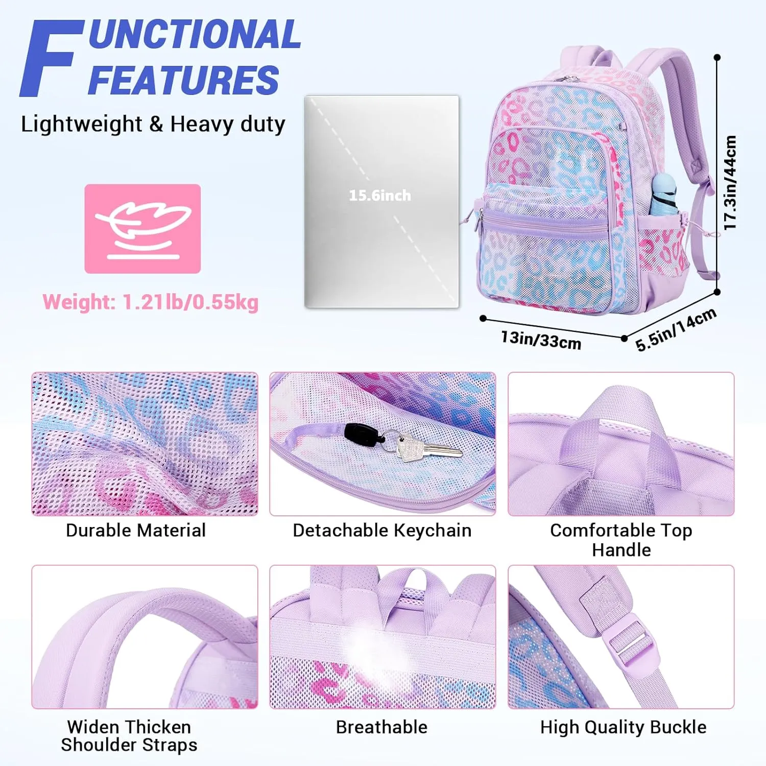 MOONBABY Mesh Backpack Heavy Duty, See Through School Backpack Transparent Bookbag for Swimming, Beach, Sports, Work, Travel