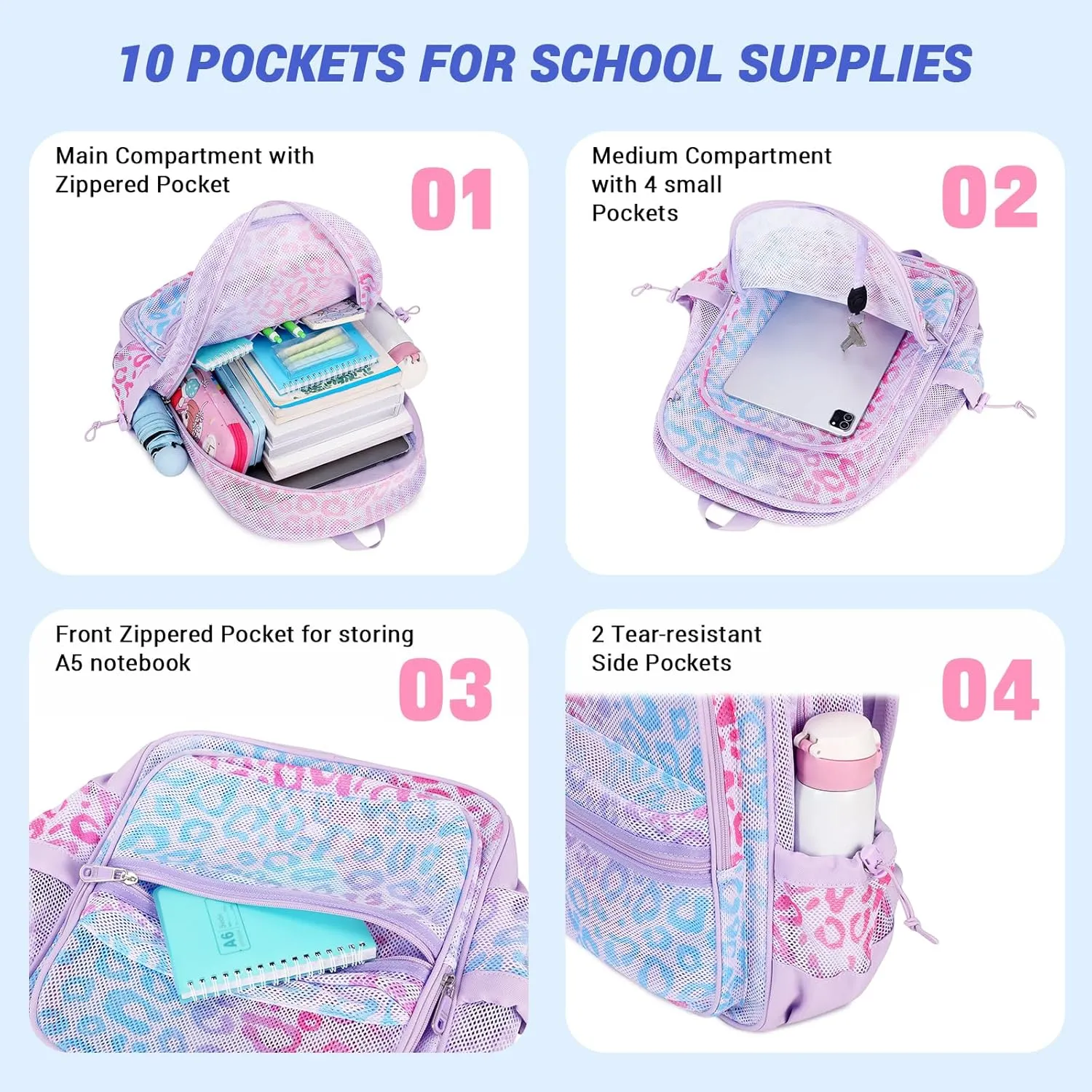 MOONBABY Mesh Backpack Heavy Duty, See Through School Backpack Transparent Bookbag for Swimming, Beach, Sports, Work, Travel