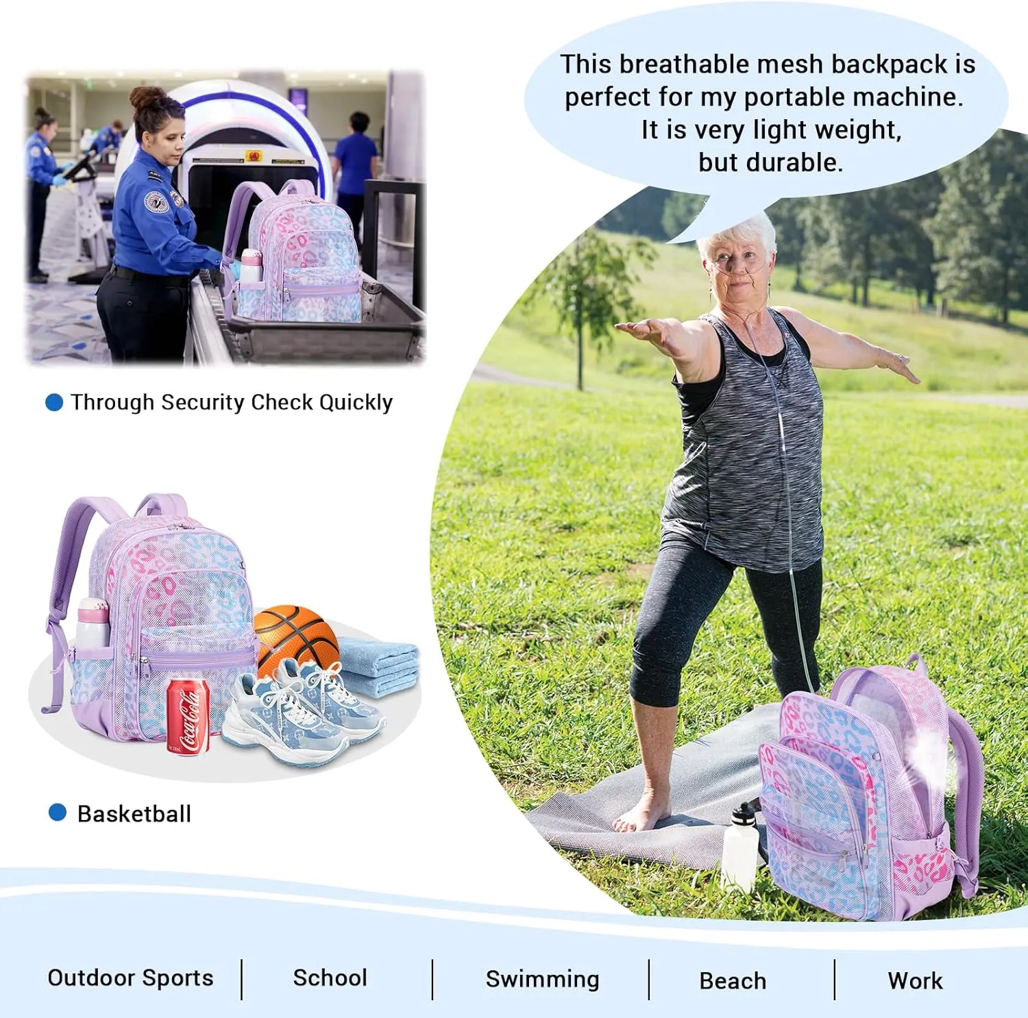 MOONBABY Mesh Backpack Heavy Duty, See Through School Backpack Transparent Bookbag for Swimming, Beach, Sports, Work, Travel