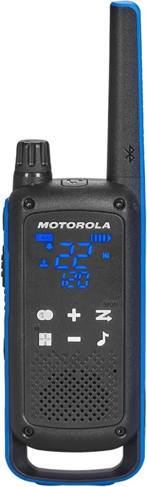 Motorola Solutions, Portable FRS, T802, Talkabout, Two-Way Radios Walkie Talkie Emergency Preparedness, Rechargable, 22 Channel, 35 Mile, Black W/Blue, 2 Pack