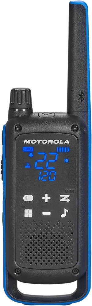 Motorola Solutions, Portable FRS, T802, Talkabout, Two-Way Radios Walkie Talkie Emergency Preparedness, Rechargable, 22 Channel, 35 Mile, Black W/Blue, 2 Pack