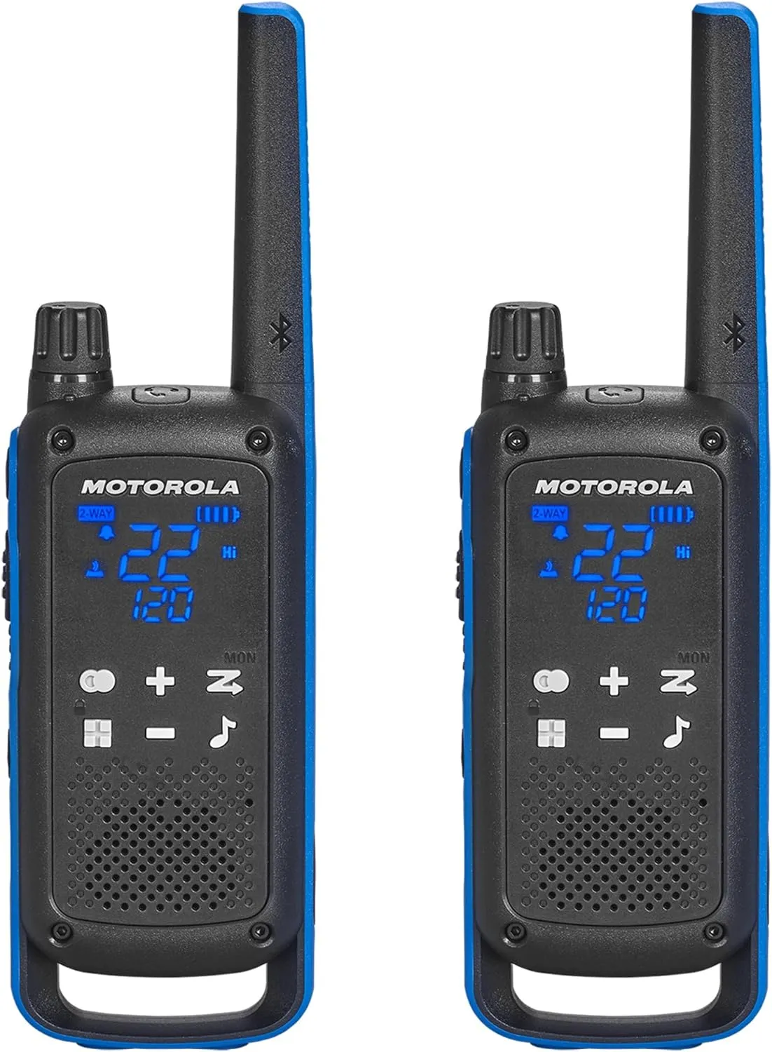 Motorola Solutions, Portable FRS, T802, Talkabout, Two-Way Radios Walkie Talkie Emergency Preparedness, Rechargable, 22 Channel, 35 Mile, Black W/Blue, 2 Pack