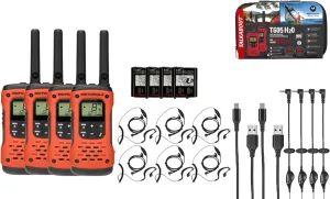 Motorola Solutions, Portable FRS Talkabout T605 H2O Two Way Radios 4-Pack, Walkie Talkies Orange Waterproof 10 PTT Earpieces Rechargeable, Carrying Case, Orange/Black