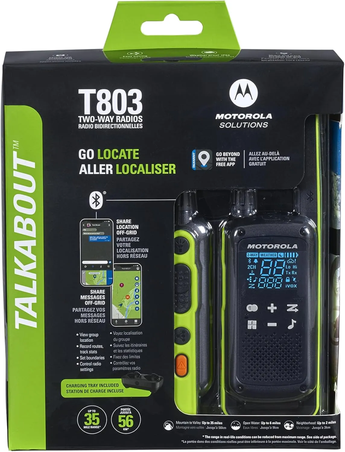Motorola Solutions T803 Two-Way Radio Walkie Talkie 35 mi. Bluetooth w/Charging Dock 2-Pack (Lime Green)