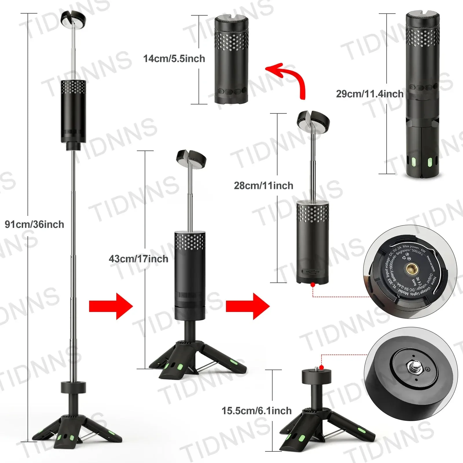 Multifunctional Rechargeable LED Camping Flashlight Lamp with Tripod & Retractable Torch