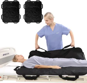 Multipurpose 2 Pack 48" x 40" Positioning Bed Pad with Reinforced Handles - Reusable & Washable Transfer Sheet for Turning, Lifting & Repositioning - Double-Sided Nylon Fabric, Black