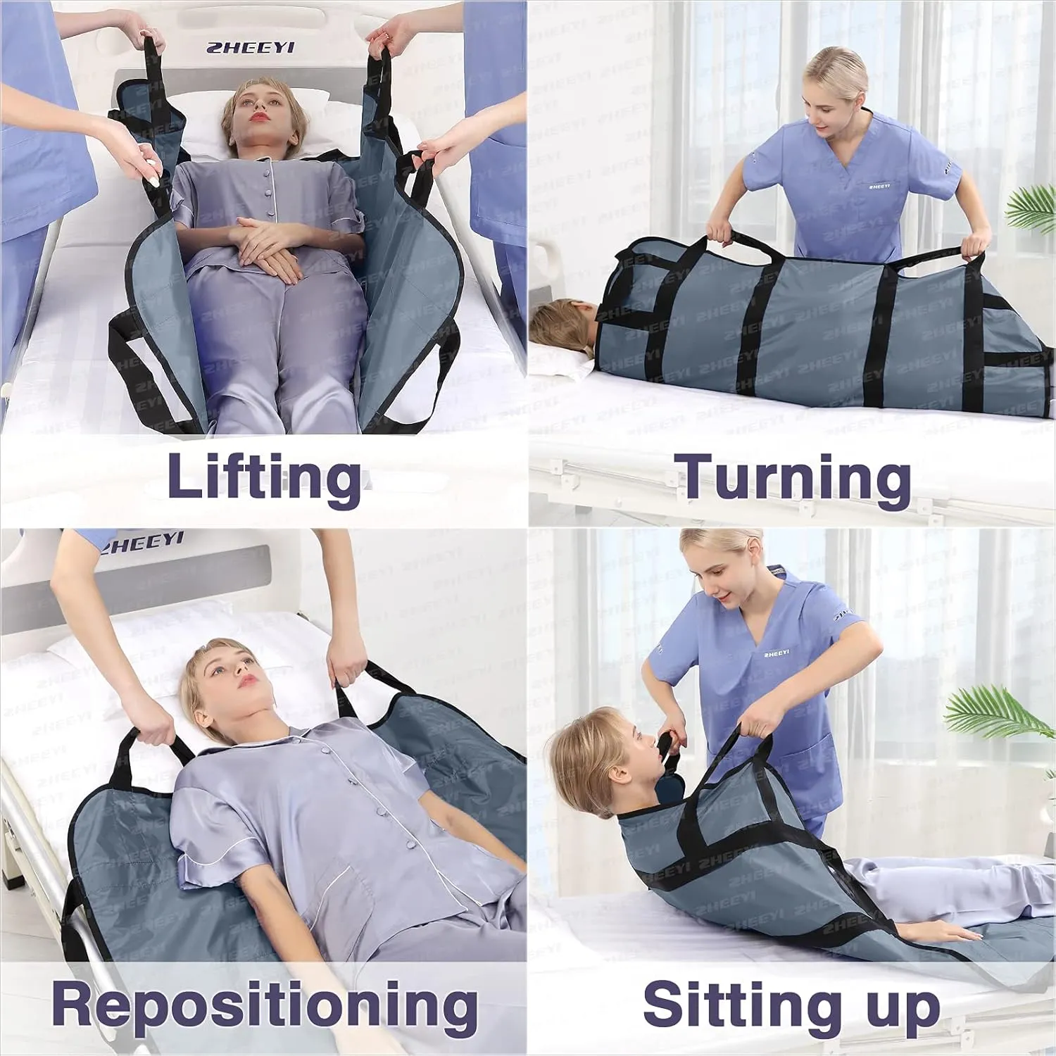 Multipurpose 48" x 40" Positioning Bed Pad with Reinforced Handles - Reusable & Washable Patient Sheet for Turning, Lifting & Repositioning - Double-Sided Nylon Fabric, Gray