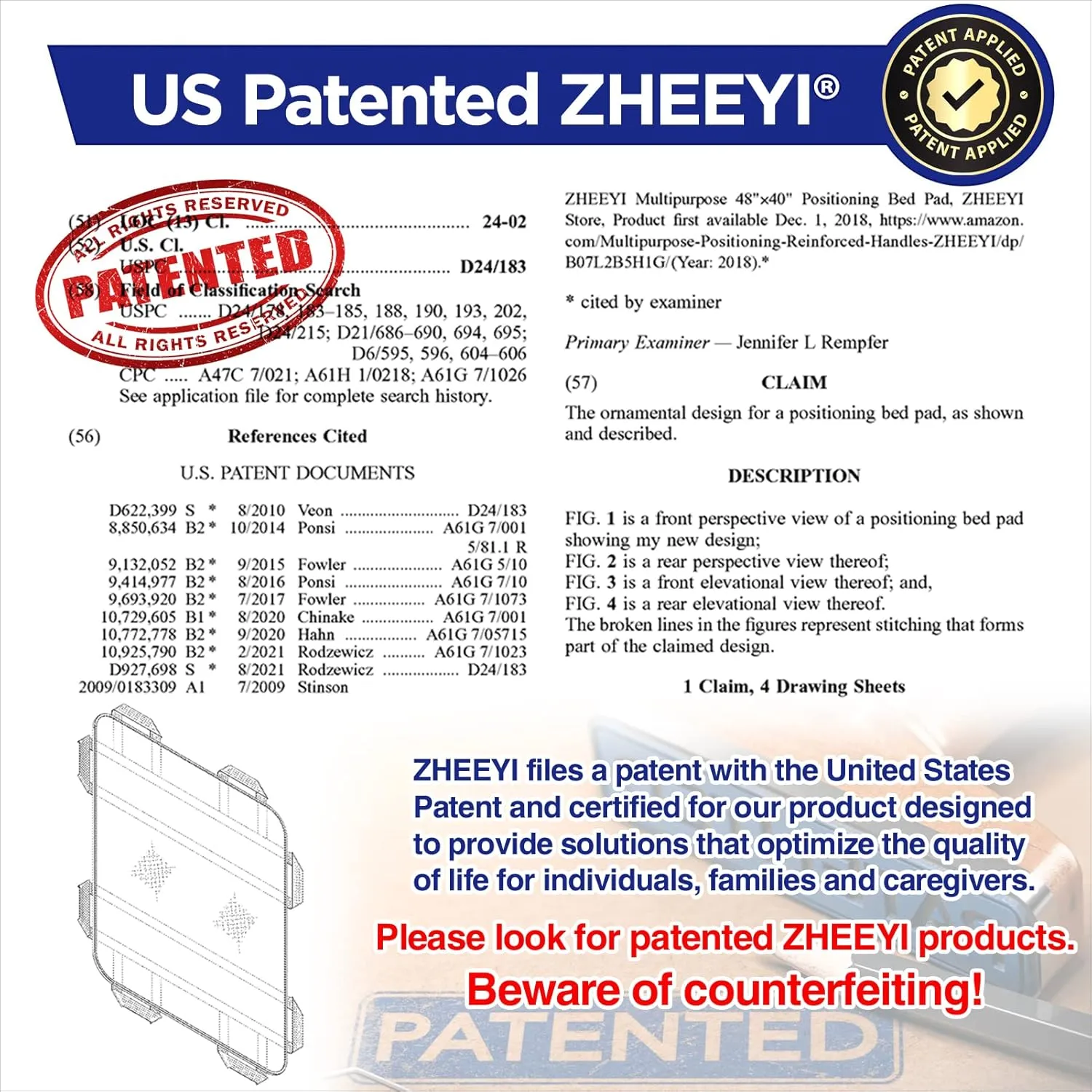 Multipurpose 48" x 40" Positioning Bed Pad with Reinforced Handles - Reusable & Washable Patient Sheet for Turning, Lifting & Repositioning - Double-Sided Nylon Fabric, Gray
