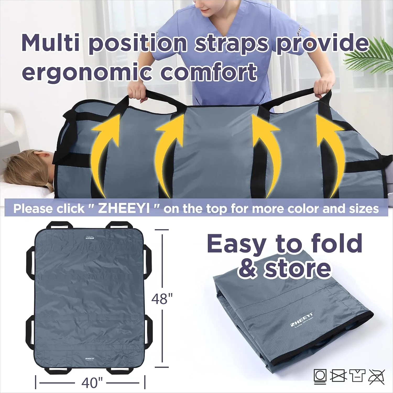 Multipurpose 48" x 40" Positioning Bed Pad with Reinforced Handles - Reusable & Washable Patient Sheet for Turning, Lifting & Repositioning - Double-Sided Nylon Fabric, Gray