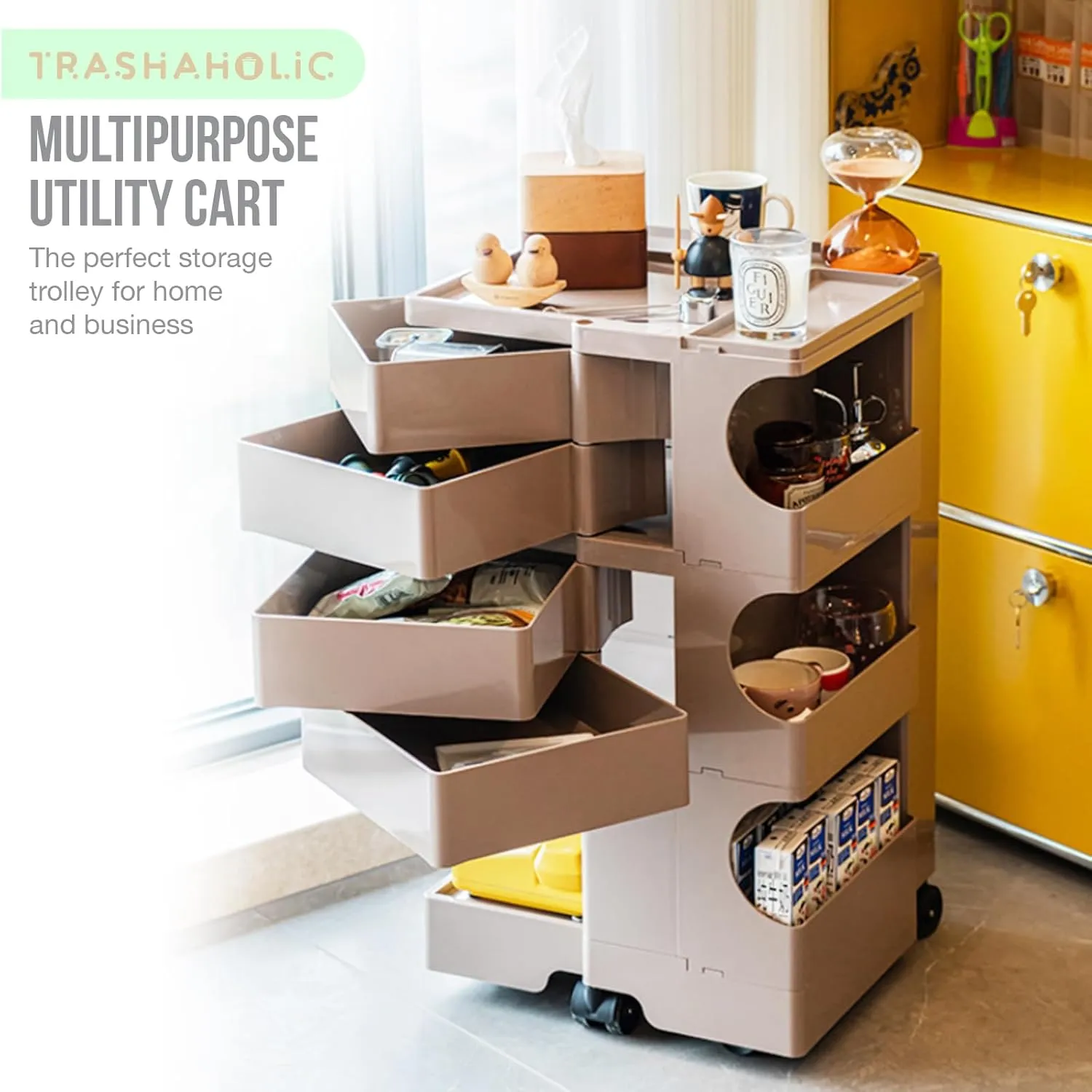 Multipurpose Utility Storage Cart - Ultra Storage Caddy with Wheels and Swing Out Drawers - Designer Trolley Cart - Mobile Caddy for Salon Supplies, Kitchen Bathroom Portable Cabinet - Wet Sand