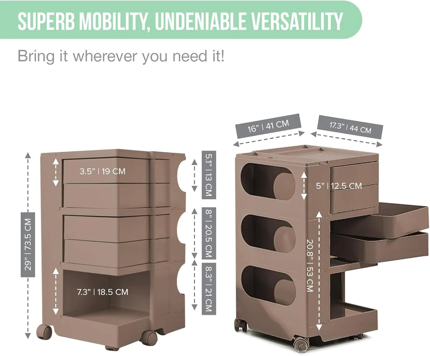 Multipurpose Utility Storage Cart - Ultra Storage Caddy with Wheels and Swing Out Drawers - Designer Trolley Cart - Mobile Caddy for Salon Supplies, Kitchen Bathroom Portable Cabinet - Wet Sand