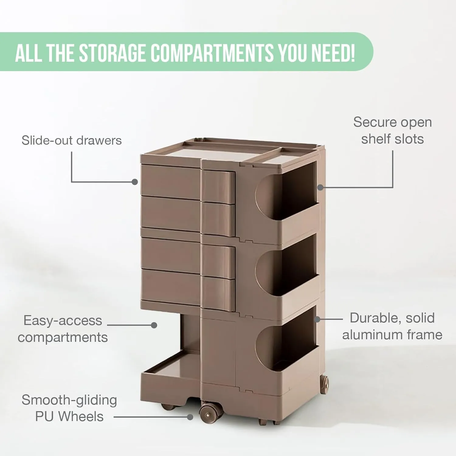 Multipurpose Utility Storage Cart - Ultra Storage Caddy with Wheels and Swing Out Drawers - Designer Trolley Cart - Mobile Caddy for Salon Supplies, Kitchen Bathroom Portable Cabinet - Wet Sand