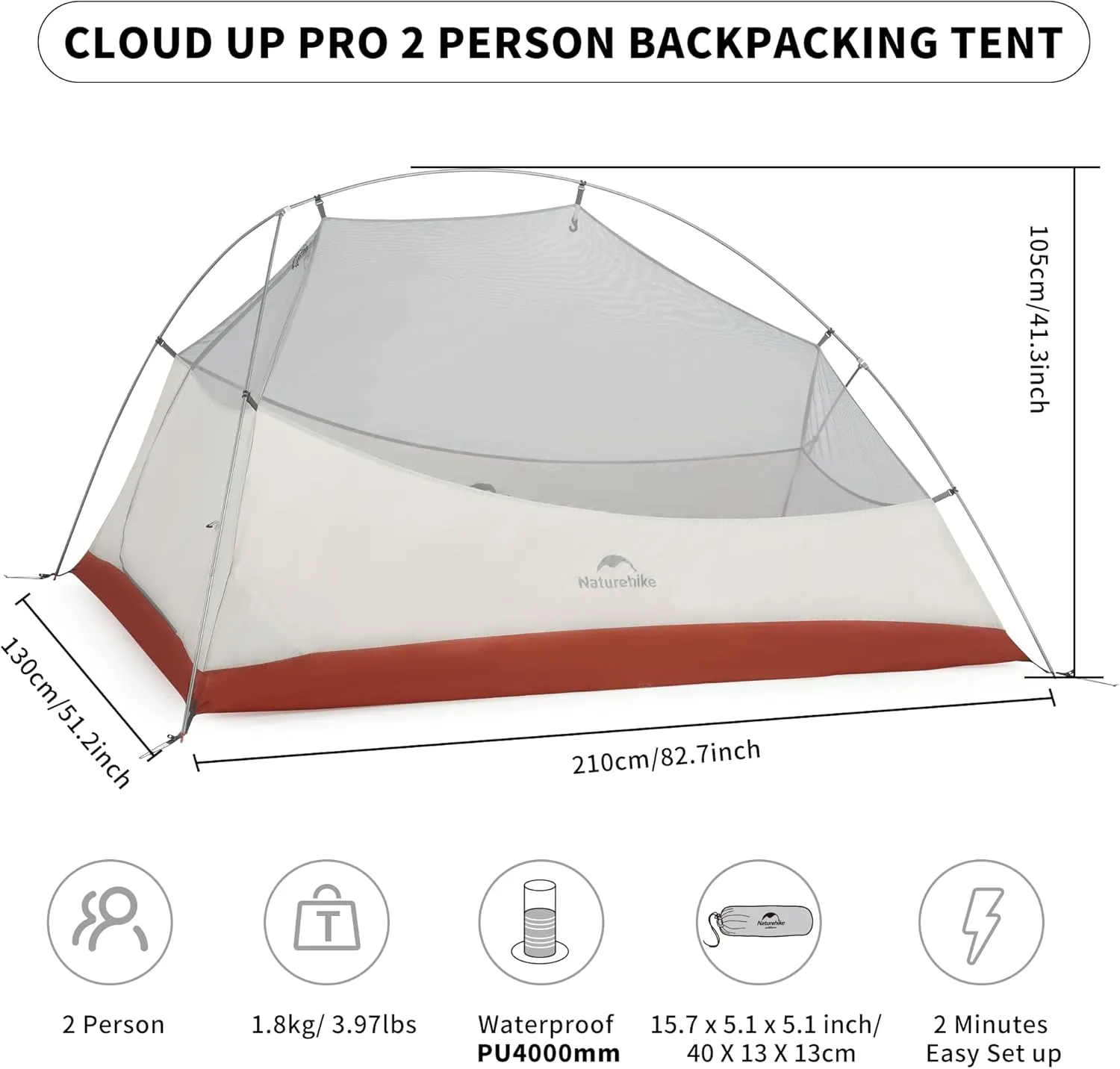 Naturehike Cloud-Up 2 Person Tent Lightweight Backpacking Tent with Footprint - Free Standing Ultralight Camping Hiking Backpack Tents Two Person Tent