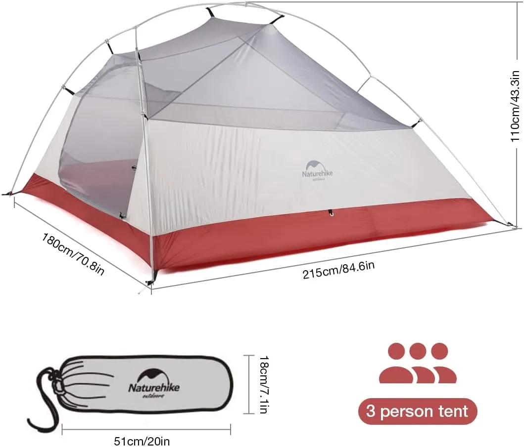 Naturehike Cloud-Up 3 Person Lightweight Backpacking Tent with Footprint - 3 Season Free Standing Dome Camping Hiking Waterproof Backpack Tents