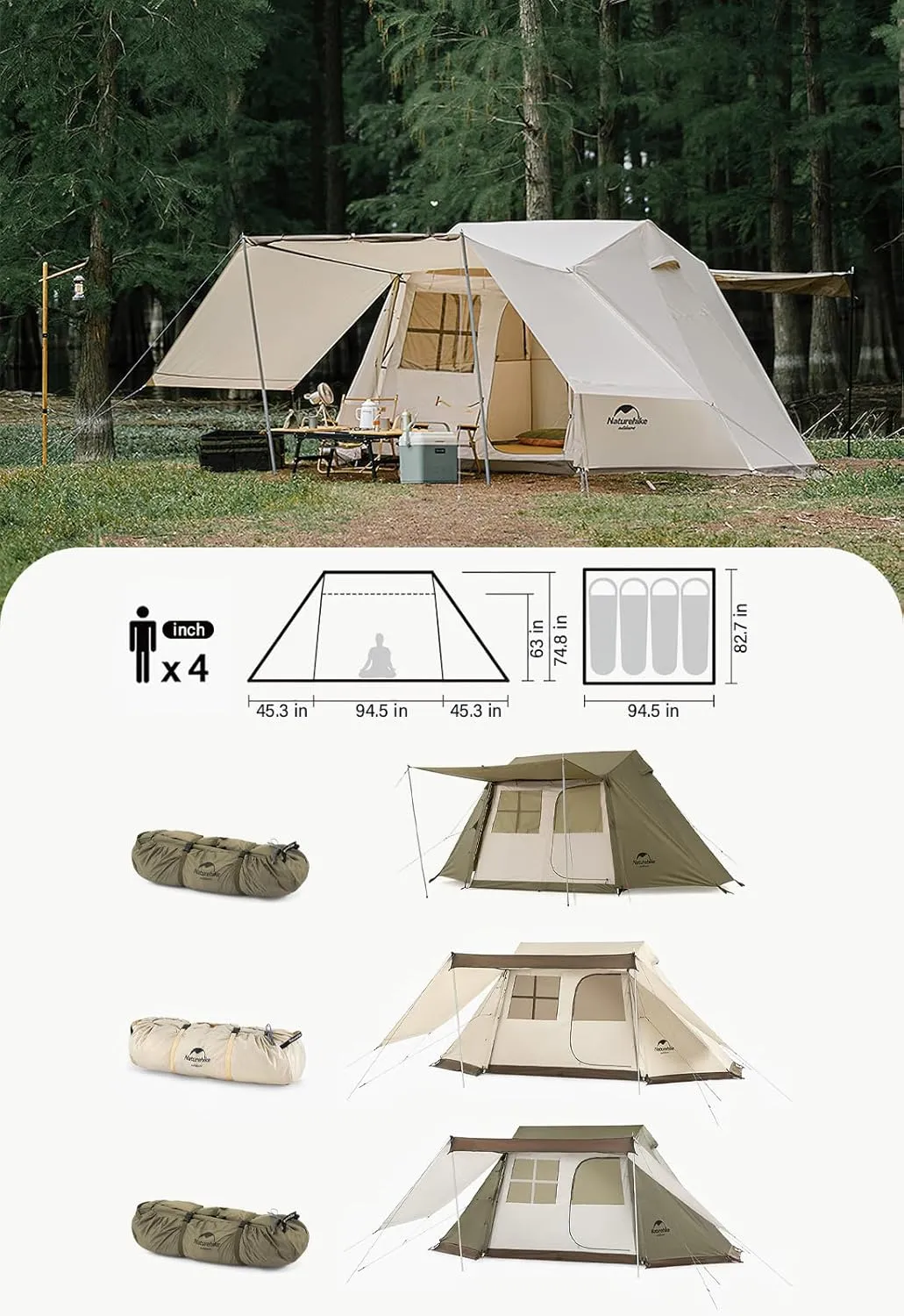 Naturehike Roof Automatic Tent 4-Person Camping Tents,Waterproof Windproof Family Tent Quick Setup Tent, 5 Large Mesh Windows, Separate Room with Pets and Objects