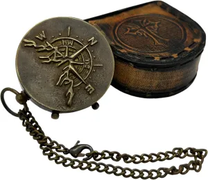 nauticalshoppee Vintage Brass Pocket Compass with Chain and Case – Antique Nautical Navigation Instrument for Hiking, Camping, Travel, Survival – Ideal Gift for Collectors and Explorers