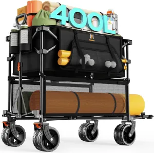 Navatiee 400L Double Decker Wagon Collapsible, 485LB Weight Capacity Heavy Duty Foldable Large Beach Wagon with Big All-Terrain Wheels, Folding Utility Cart for Sports, Camping, Outdoor, Black