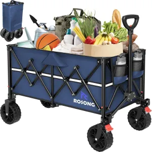 Navy Blue Folding Wagon Cart with Wheels Foldable - Collapsible Wagons Carts Heavy Duty, Fold Up Portable Utility Wagon for Grocery Beach Sports Fishing Camping Shopping