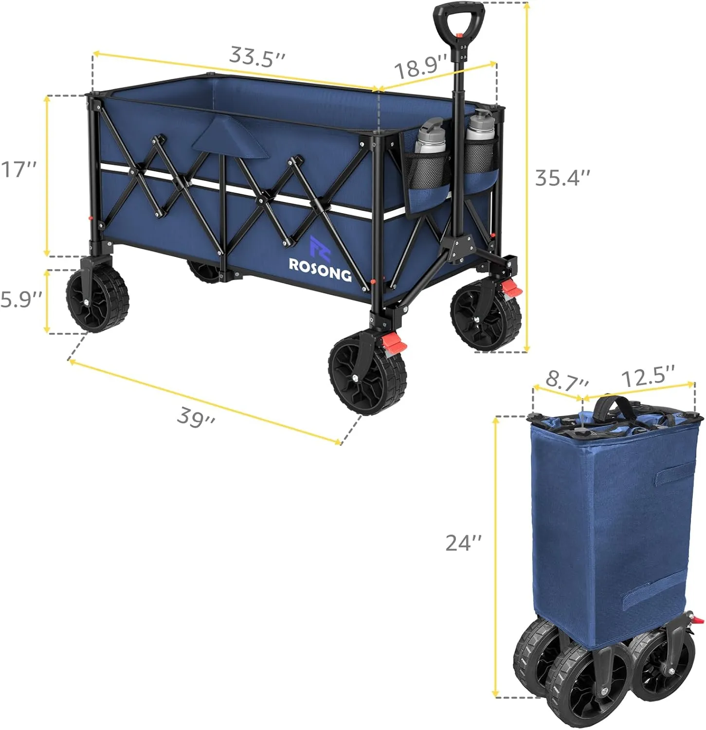 Navy Blue Folding Wagon Cart with Wheels Foldable - Collapsible Wagons Carts Heavy Duty, Fold Up Portable Utility Wagon for Grocery Beach Sports Fishing Camping Shopping