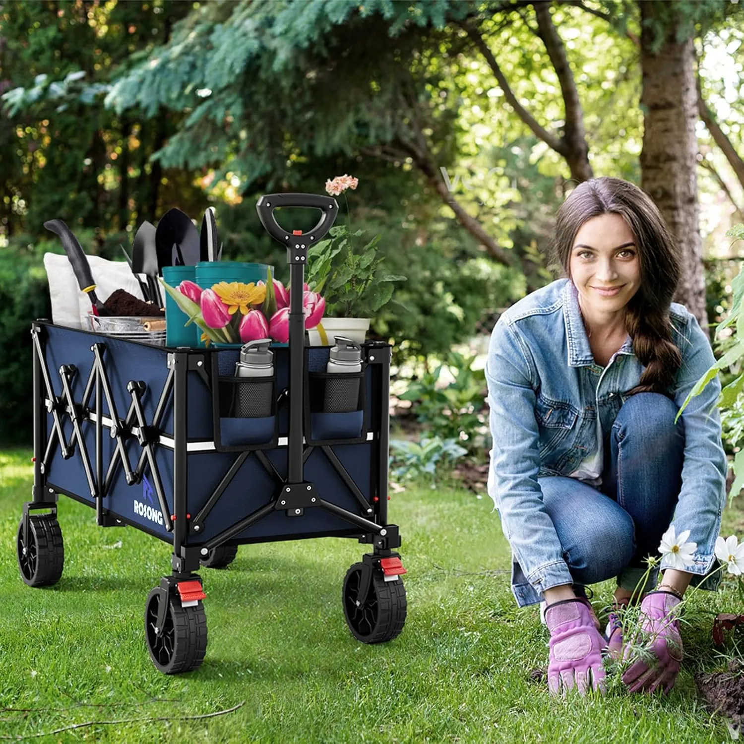 Navy Blue Folding Wagon Cart with Wheels Foldable - Collapsible Wagons Carts Heavy Duty, Fold Up Portable Utility Wagon for Grocery Beach Sports Fishing Camping Shopping
