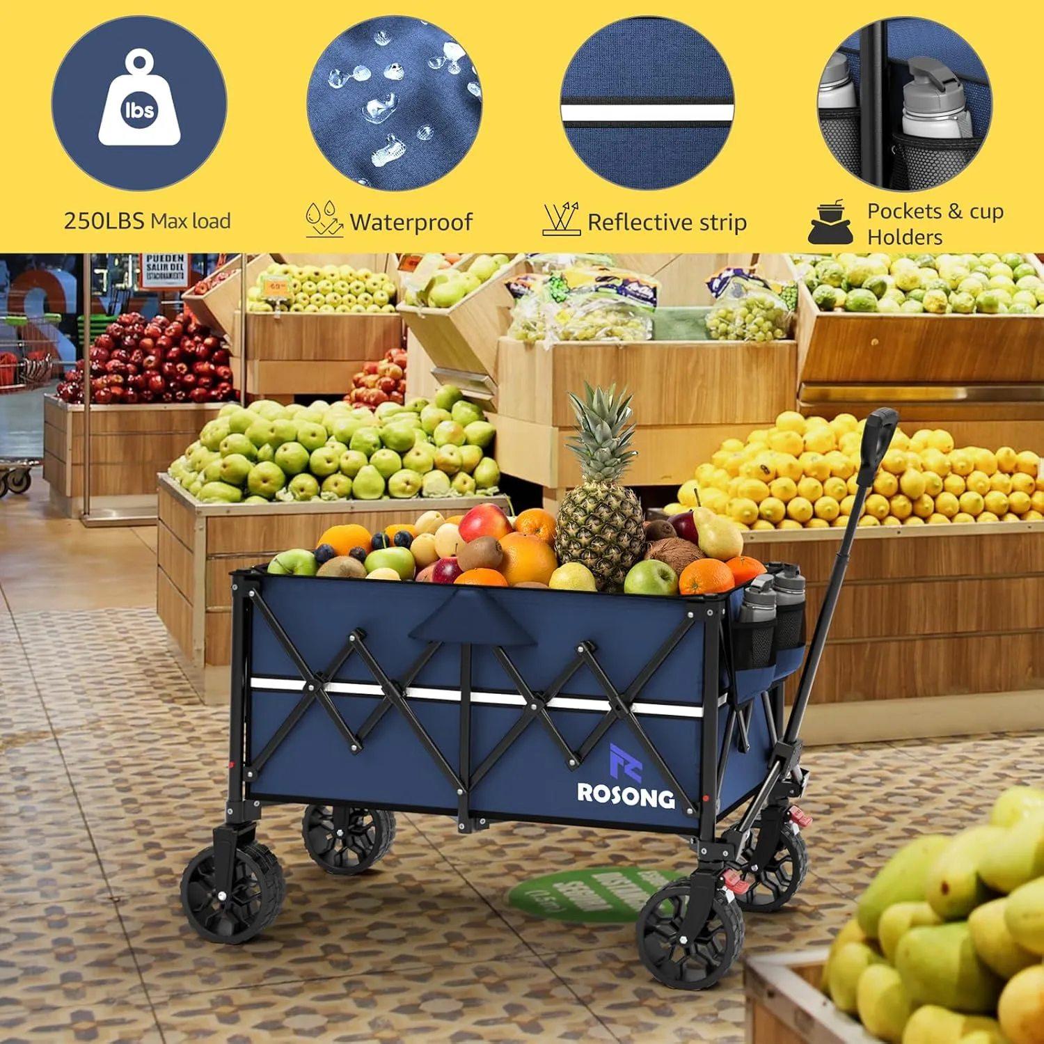 Navy Blue Folding Wagon Cart with Wheels Foldable - Collapsible Wagons Carts Heavy Duty, Fold Up Portable Utility Wagon for Grocery Beach Sports Fishing Camping Shopping