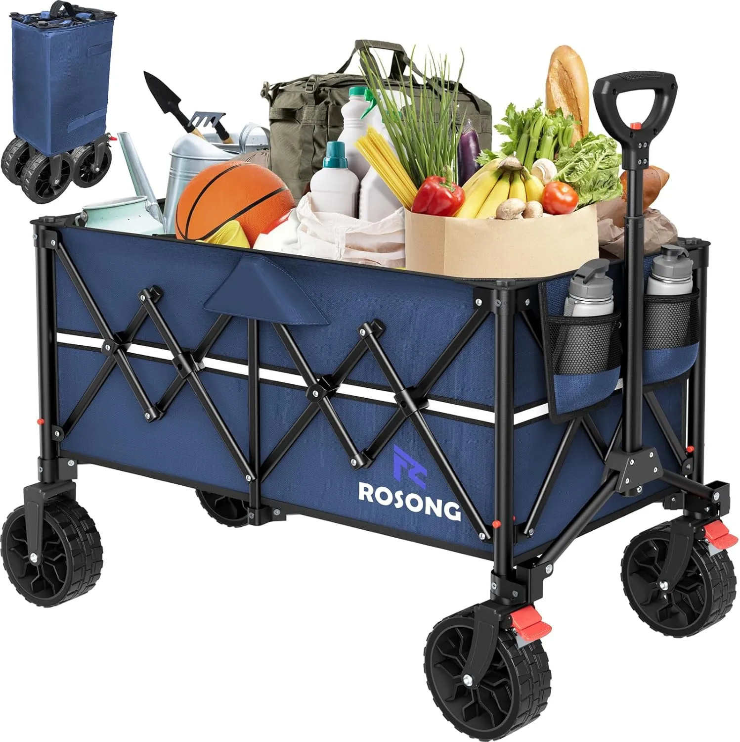 Navy Blue Folding Wagon Cart with Wheels Foldable - Collapsible Wagons Carts Heavy Duty, Fold Up Portable Utility Wagon for Grocery Beach Sports Fishing Camping Shopping