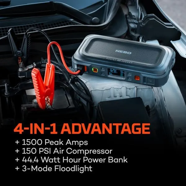 NEBO Assist AIR 1500XP Jump Starter and Air Compressor | 44.4Wh Power Supply Box Restarts 12V Battery Vehicles, 150 PSI Air Compressor Inflates Tires, Integrated Floodlight, USB Ports, TSA Approved