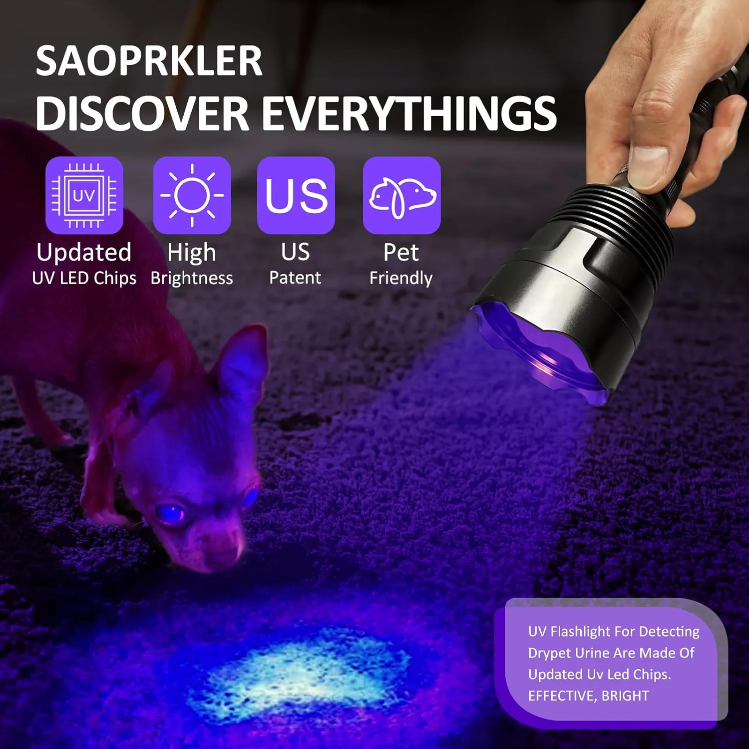 New UV Light Flashlight(UV5-365nm) High Power Upgraded UV Flashlight for Gem Identification, Scorpion Spotting, AC System Inspection and Rock Fluorescence