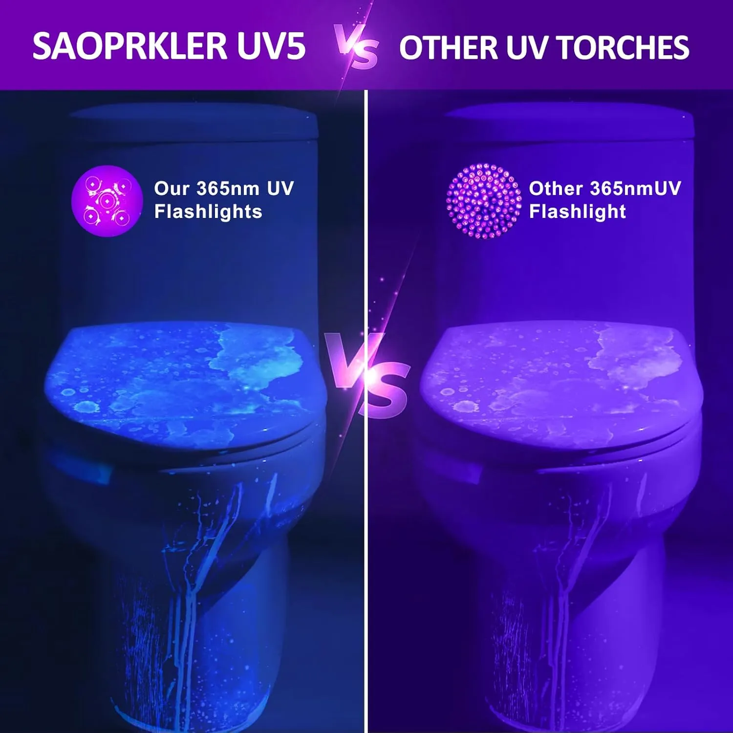 New UV Light Flashlight(UV5-365nm) High Power Upgraded UV Flashlight for Gem Identification, Scorpion Spotting, AC System Inspection and Rock Fluorescence