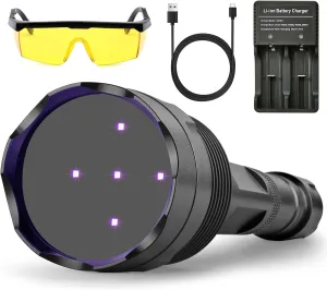 New UV Light Flashlight(UV5-365nm) High Power Upgraded UV Flashlight for Gem Identification, Scorpion Spotting, AC System Inspection and Rock Fluorescence