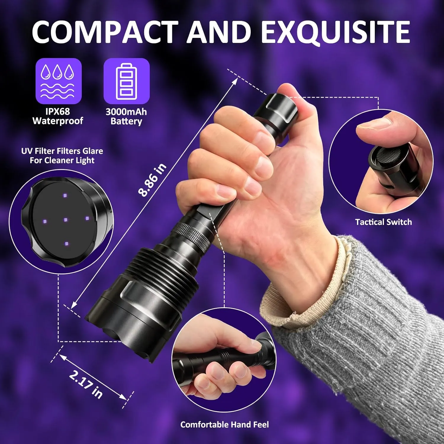New UV Light Flashlight(UV5-365nm) High Power Upgraded UV Flashlight for Gem Identification, Scorpion Spotting, AC System Inspection and Rock Fluorescence