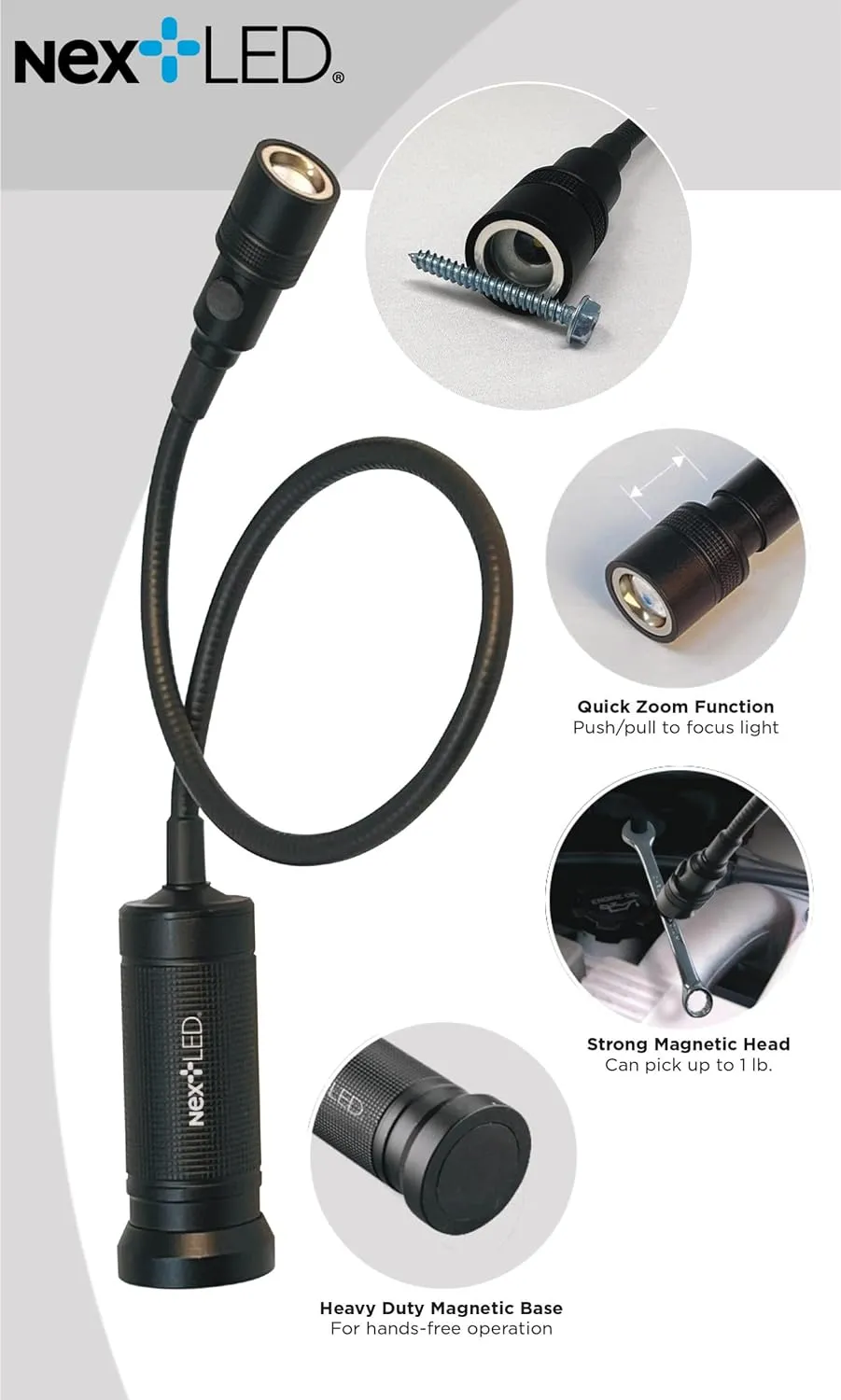 NextLED Flexible Shaft Magnetic LED Flashlight and Pickup Tool, Telescoping Neck with Extendable Neck up to 20 Inches, 300 Lumen Cree COB LED Work Light, Strong Magnetic bottom, Pick up to 1Lb