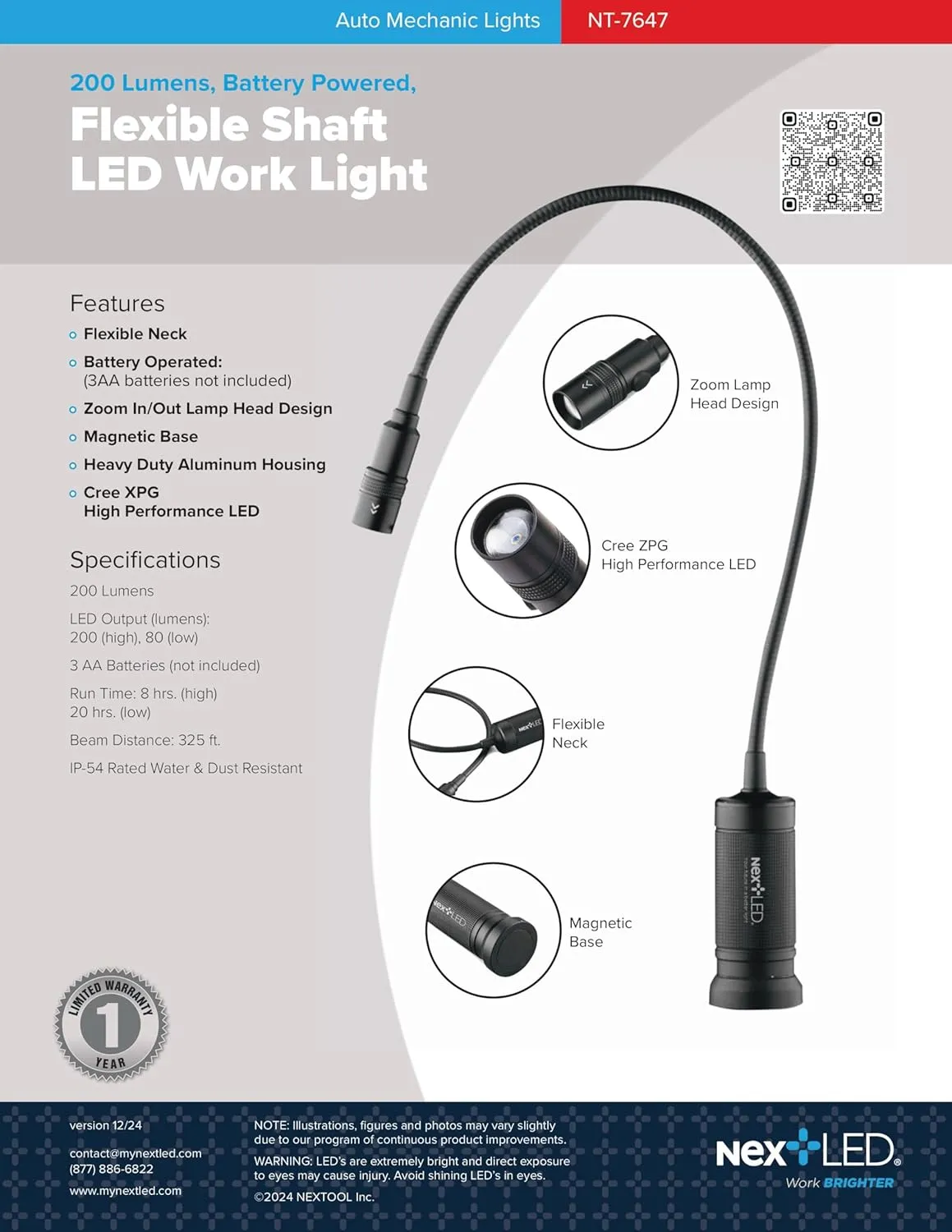 NextLED NT-7647 20-Inch Gooseneck Flashlight with Magnetic Base, Cree LED, Zoomable Lens, IP54 Rating Waterproof. Flexible LED Light, Work Bench, Auto Repair, Grill Light, Inspection