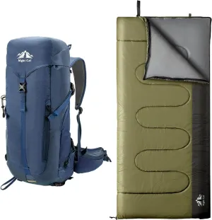 Night Cat Camping Sleeping Bag with Internal-frame Hiking Backpack 30L for Adults 3 Seasons Portable Lightweight Backpacking Hiking Traveling Indoor Outdoor Temperature 5-15℃ 2.6x6.3ft Switch to a Qui