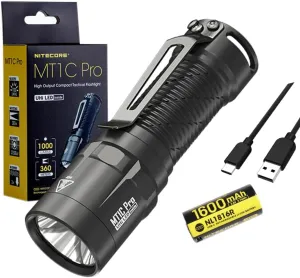Nitecore MT1C PRO Compact Everyday Carry Flashlight- 1,000 Lumens w/Battery and Eco-Sensa USB C Charging Cable Included