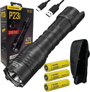 Nitecore P23i Long Range Flashlight -3000 lumens w/ 2X Extra NL2150HPi Battery & Eco-Sensa Type-C USB Charging Cable