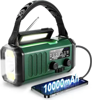 NOAA Emergency Weather Radio,Best Portable 10000mAh Battery/Hand Crank/Solar Powered AM/FM Wind Up Radios,Type-C Phone Charger,Flashlight,Reading Lamp,Compass,SOS Survival Alert,Power Outages Outdoor