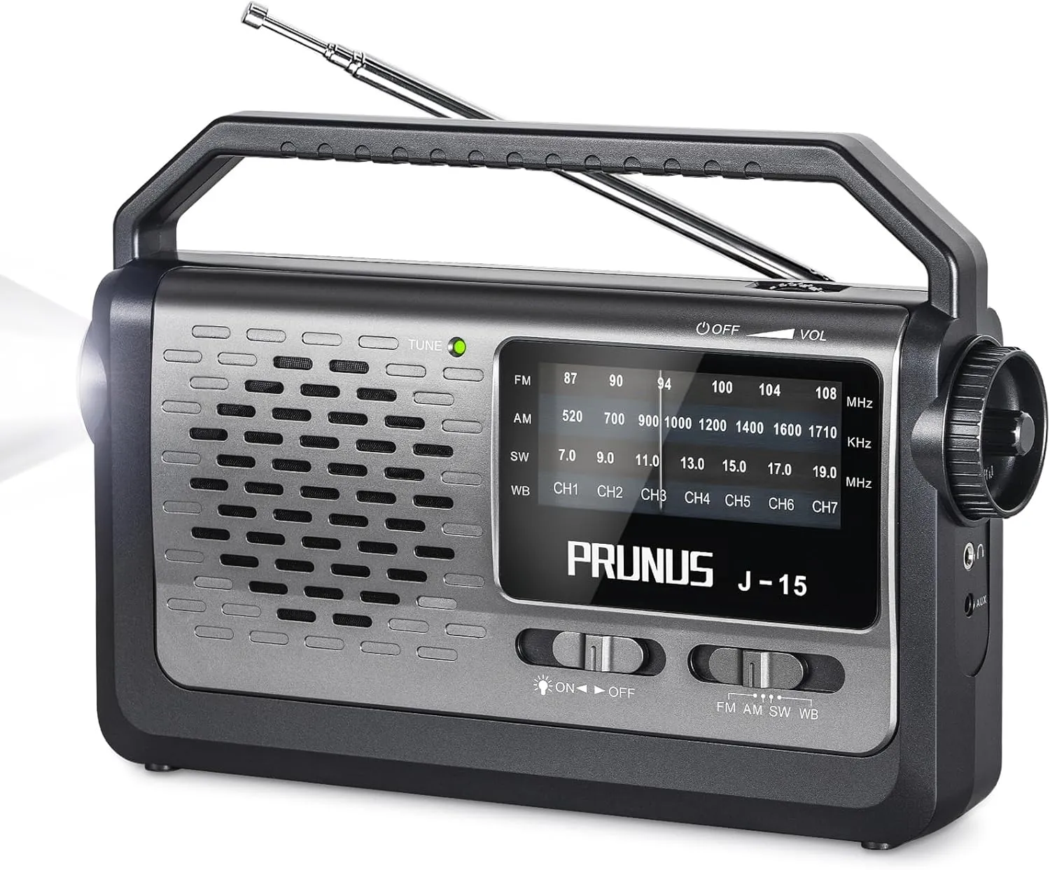 NOAA Weather AM FM Portable Radio with Best Reception,Flashlight, Earphone Jack,Battery Operated Radio by 3X D Cell Batteries or AC Power for Hurricane Emergency Use,Plug in Wall by PRUNUS J15WB