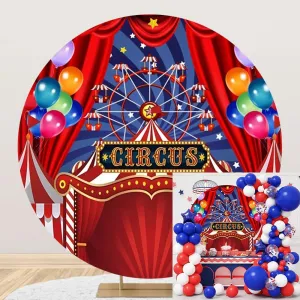 OERJU Circus Round Backdrop Cover Circus Carnival Photo Background Red Circus Tent Circle Backdrop Cover Kids Children Birthday Baby Shower Newborn Party Decorations Arch Photo Booth Props 7.2ft