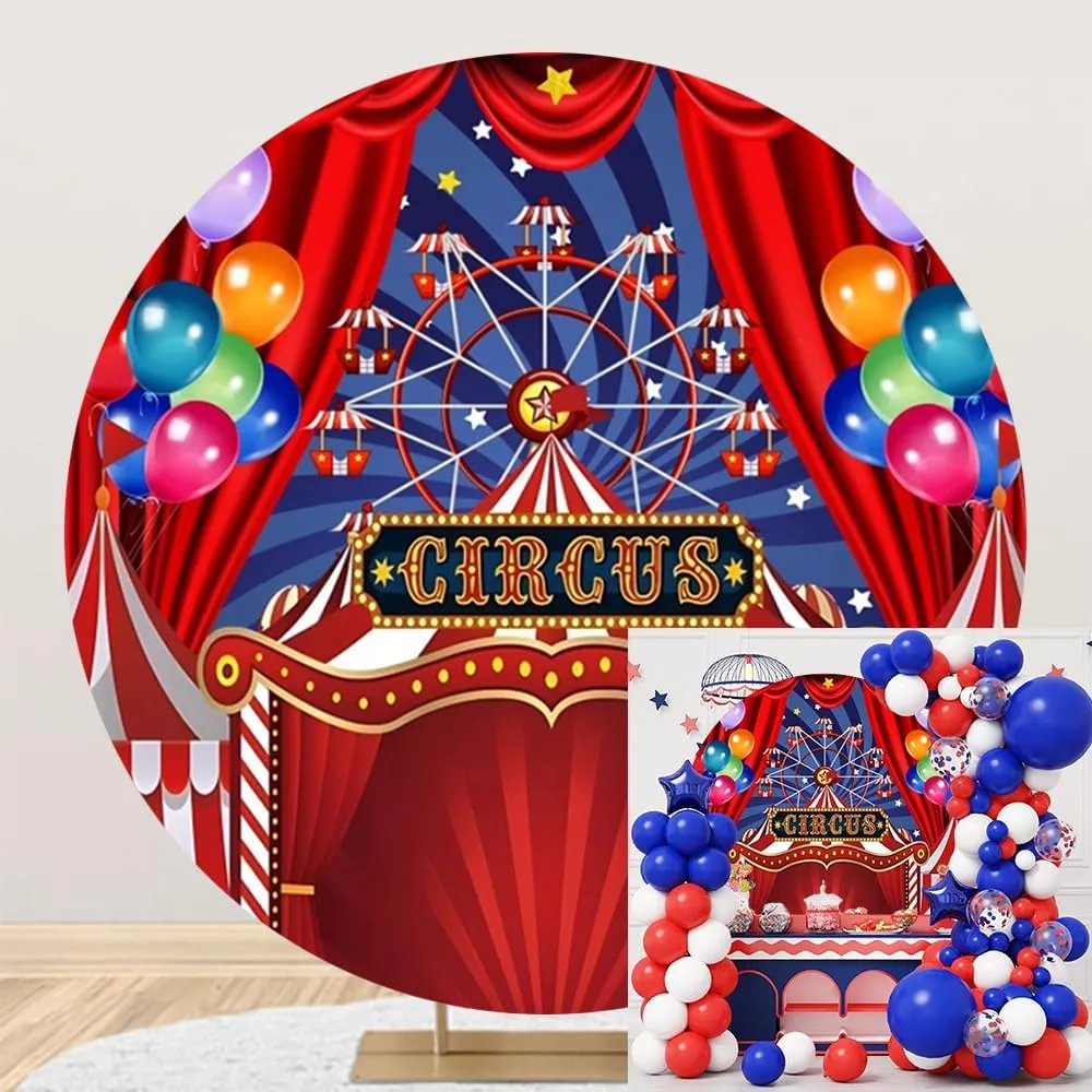 OERJU Circus Round Backdrop Cover Circus Carnival Photo Background Red Circus Tent Circle Backdrop Cover Kids Children Birthday Baby Shower Newborn Party Decorations Arch Photo Booth Props 7.2ft