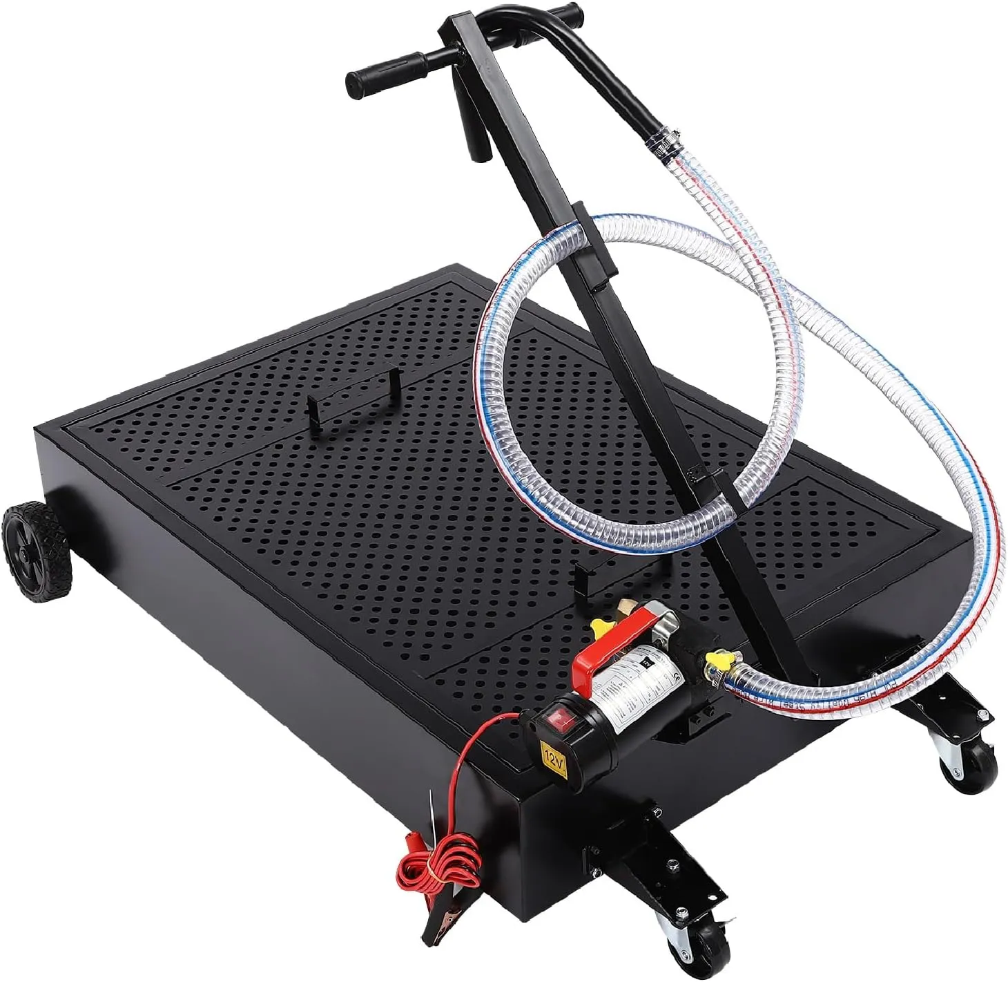 Oil Drain Pan with Pump 15 Gallon Low Profile Oil Drain Pan Cart Oil Change Pan, With 8.2Ft Soft Hose, Foldable T-Handle, Swivel Casters for Car, Bus, RV, Trucks Oil Draining